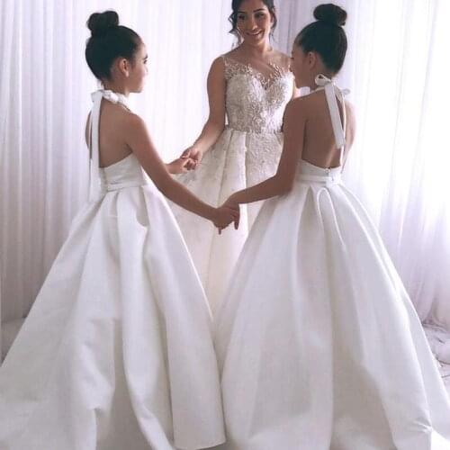 White Halter Flower Girls Dresses Beaded Collar Backless Satin Infant Prom Gown Sweep Train Flare Kids Formal Wears