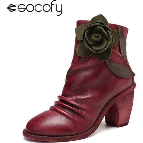 SOCOFY Handmade Boots Vintage Floral Stitching Zipper Leather Ankle Boots Fashion For Lady Retro Shoes Women 2020
