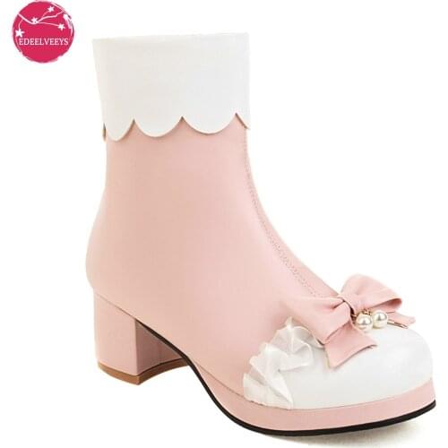 Chunky High Heel Lolita Shoes Butterfly-Knot Lace Pearl Pink White Black Patchwork Womens Cosplay Princess Winter Ankle Boots