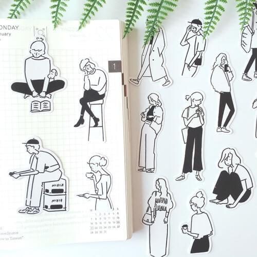 15 Pcs Black and White Salt Illustration Persons Life Decoration Stationery Stickers Diy Ablum Diary Scrapbooking Label Sticker