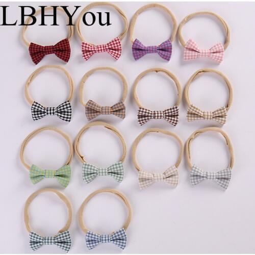 13pcs/lot Handmade Cotton Linen Bows Nylon Headbands,Hand Tie Plaid Knot Bow Nylon Head Wraps Soft Head Wear Baby Hair Accessory