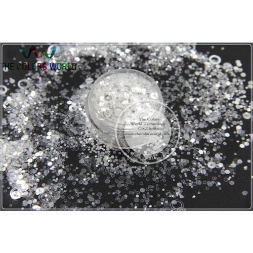 HR25157-113 Mix White with silver light Colors and Shapes Glitter for nail art and DIY decoration 1Pack =50g