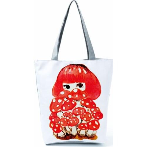 Personality Girl Print Handbag Red Mushroom Pattern Shoulder Bag High Capacity Shopping Bag Eco Friendly Beach Bag Portable Tote