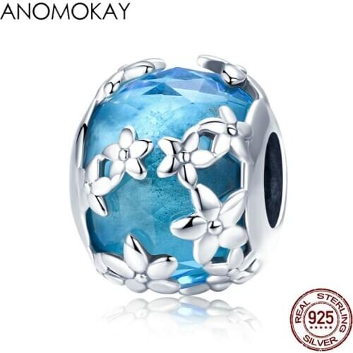 Anomokay 100% 925 Sterling Silver Blue CZ Round Charm S925 Silver Daisy Flower Bead Charm fit Bracelet Bangle DIY Jewelry Making