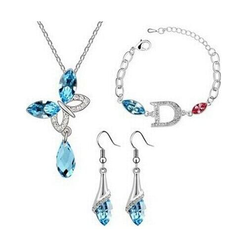 JS S016 Crystal Jewelry Set High Quality Sea Blue Necklaces Sets Nickel Free Necklace Earring And Bracelet Set