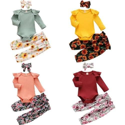 Infant Newborn Baby Girls Clothes Set, Long Sleeve O-neck Tops with Ruffle + Floral Long Pants + Bow-knot Headband Spring Fall