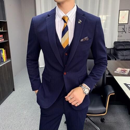 Autumn Spring Winter New Striped Suit Three Piece Male Fashion Style Business Chic Classy Suits One Button Suit Slim Fit Jackets