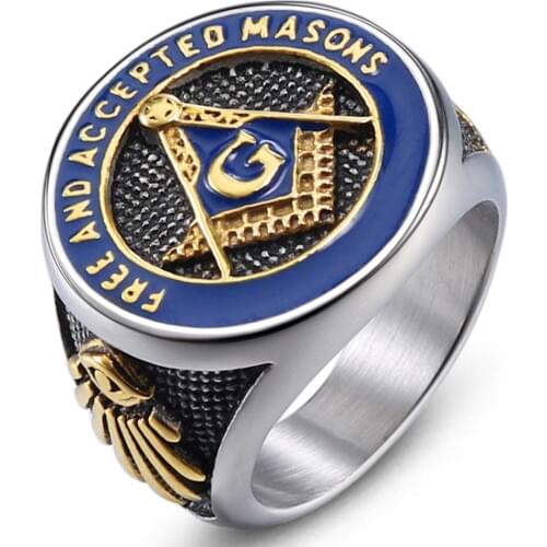 Stainless Steel Gold Silver Plated Masonic Men Blue Enamel Technology Ring Freemason Jewelry Size 7-13 Wholesale Dropshipping