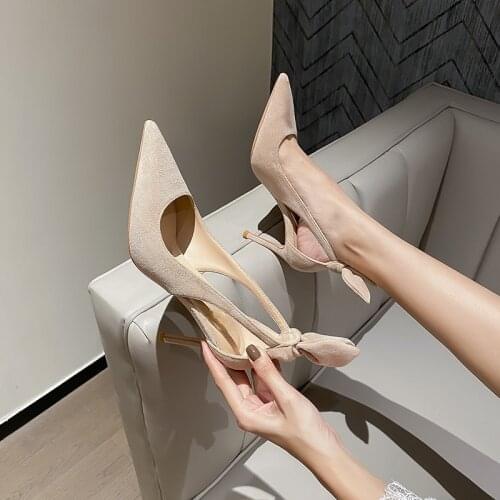 High Heels 2021 New Suede Stilettos Bow Sexy Temperament Black Pointed Toe Pumps Women