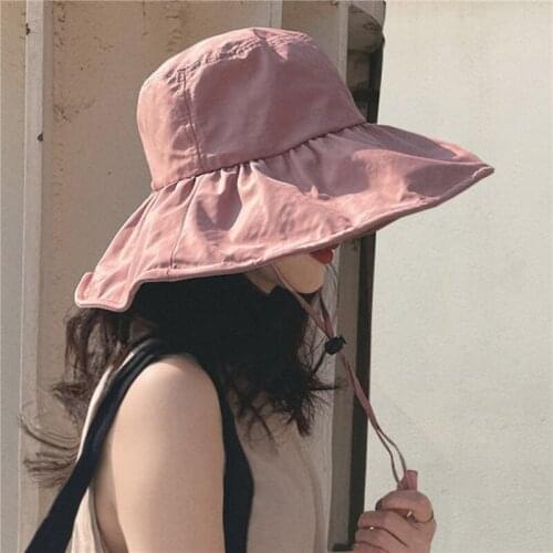 Womens Bucket Hat Summer Solid Color Cap Japanese Simple Foldable Casual Bucket Hat Vinyl Sunscreen And Sunscreen Bucket Hat