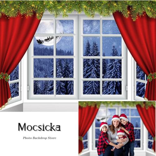 Christmas Window Backdrops Winter Snowflake Photography Santa Sleigh Family Party Portrait Photo Props Studio Booth Background