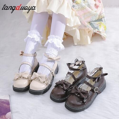 Sweet lolita shoes detachable bowknot bandage mid heel round head women shoes comfortable kawaii girl loli cosplay shoes zapatos