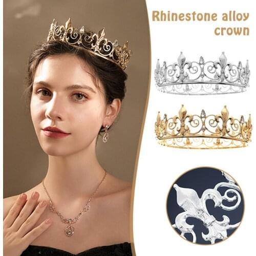 Vintage Royal Full Round Crown Baroque Alloy Rhinestone Tiaras Bridesmaid King Headband for Women Men Wedding Party Headpieces