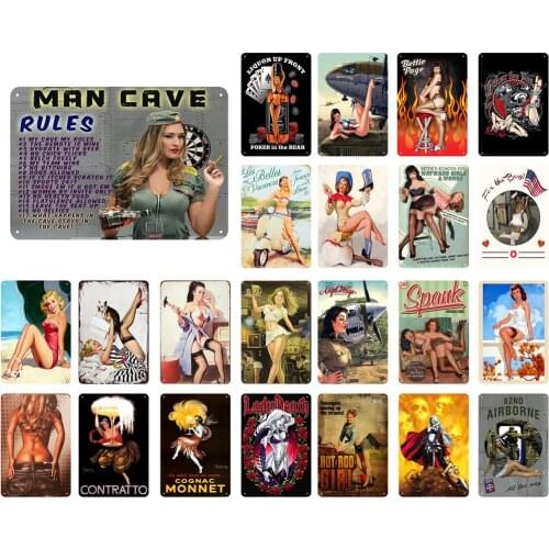 Vintage Metal Tin Sign of Man Cave Rules Bettie Page Beauti Girls for The Boys Gamer Room Wall Decor Shabby Chic Bar Decoration
