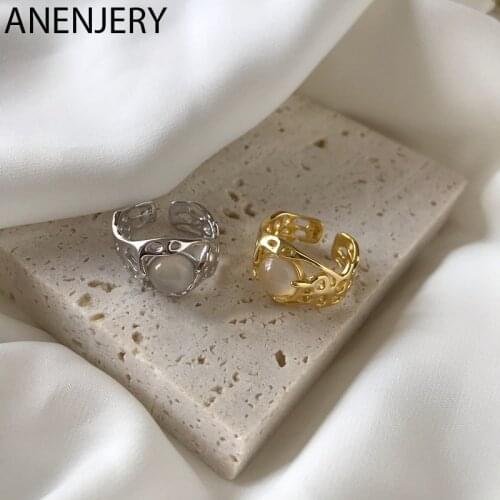 ANENJERY 925 Sterling Silver Hollow Moonstone Irregular Rings For Women Classic Wide Face Fashion Open Rings