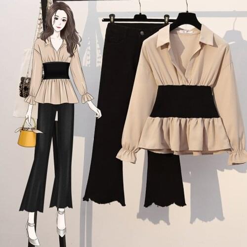 Women 2021 Spring New Fashion Two-piece Suits Female Patchwork Pullover Shirts Ladies High Waist Loose Flare Jeans Sets T186