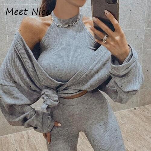 2 Two Piece Set Women Ribbed Round Neck Tanks and Casual Loose Long Sleeve Pullovers Clubwear Womens Sets conjunto feminino