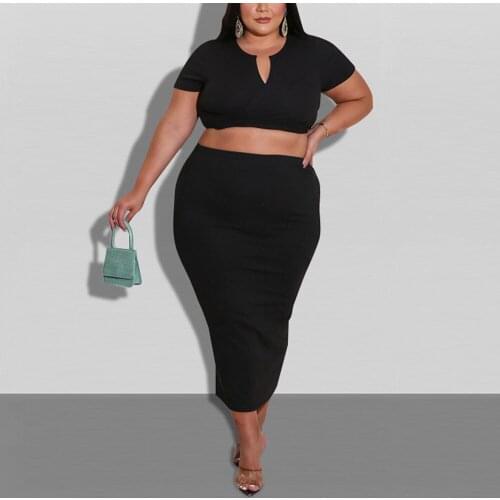 Plus Size Skirt Sets for Women Large Black Bodycon Solid Sexy Elegant Evening Night Party Club Wear 2 Pieces Matching Sets Hot