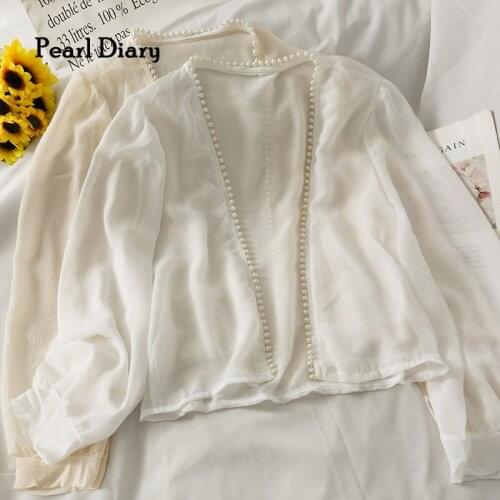 Pearl Diary Women Chiffon Cardigan Sweet Beaded Neckline Long Sleeve Beach Cover Up Casual England Style Elegant Sheer Cardigans