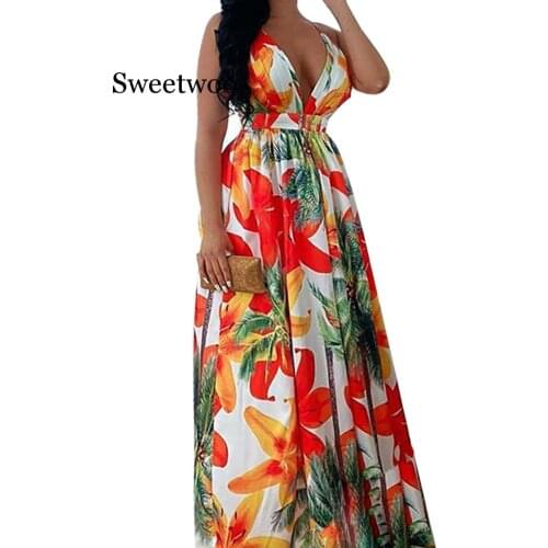 Floral Print Backless Maxi Dress Summer Dress Women Fashion Party Elegant Clothes