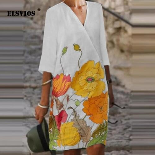 Vintage V Neck Flower Print Women Summer New Casual Dress Half Sleeves Fashion Autumn Elegant Slim Dresses Beach Party Vestidos