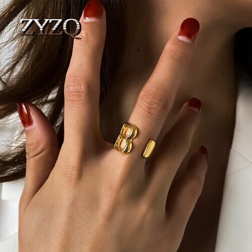 ZYZQ Harajuku Simple Couple Metal Letter B Shape Ring Personality Opening Adjustable Mens Rings Fashion Cocktail Party Jewelry
