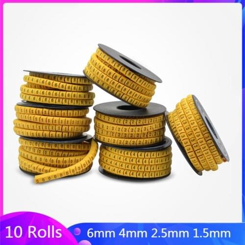 10 Rolls/Lot 1mm - 6mm Square Wire Cable Marker Cable Sleeve PVC Number 0-9 6mm 4mm 2.5mm 1.5mm