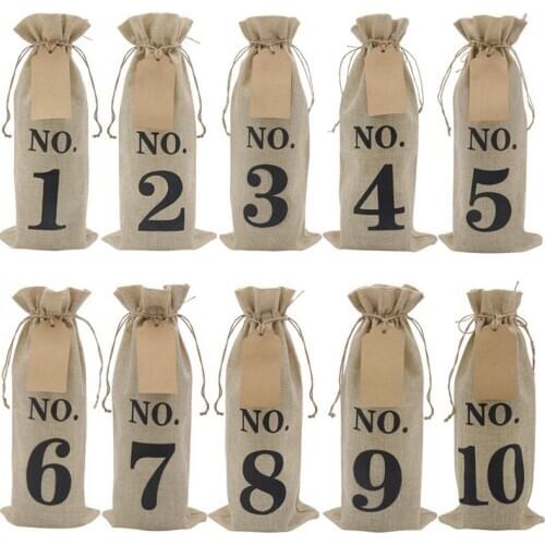 10Pcs Burlap Wine Bags with Tags for Blind Wine Tasting, Numbered Hessian Cloth Glass Bottle Gift Bags for Christmas Wedding Par