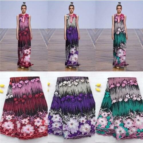 African Lace Fabric 2019 Lace Beaded Flower Lace Fabric Beautiful Applique Rhinestones Lace For Nigerian Wedding Dresses