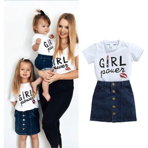 FOCUSNORM 2pcs Summer Sweet Kids Girls Clothes Sets 1-6Y Letter Printed Short Sleeve T Shirts Denim A-Line Skirts