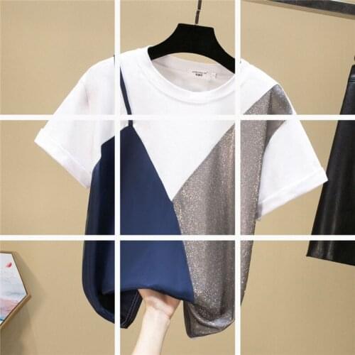 Womens T-shirt personality color-matching short-sleeved round light silk stitching top top womens Ropa Muji Harajuku retro