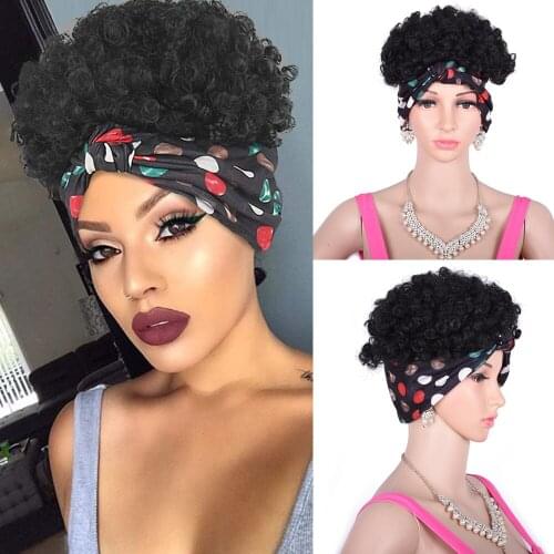 Short Afro Kinky Curly Synthetic Headwrap Turban Wig for Black Women African American
