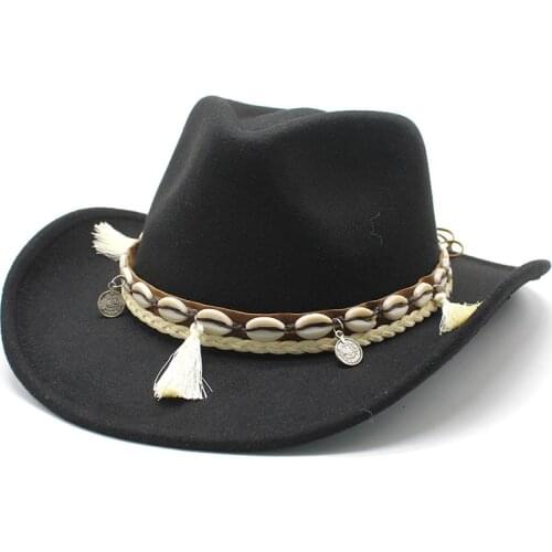 Ethnic Style Cowboy Hat Men Women Wide Brim Fedora Black Felt Autumn Jazz Cap Four Seasons Western Cowgirl Cap With Decoration