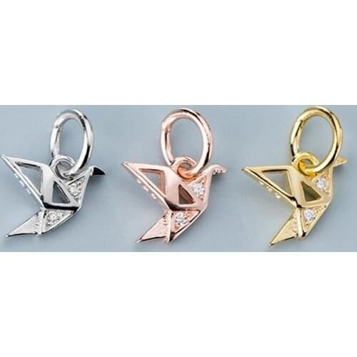 Pretty 925 Sterling Silver Crane Dangle Charm DIY Jewelry Accessories Plated Gold/Rose Gold Color S925 Silver Small Pendants