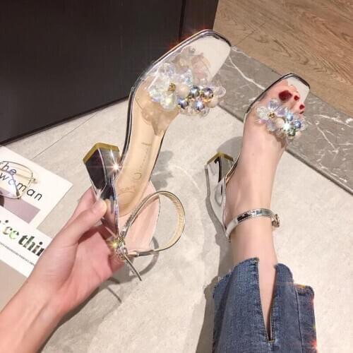 Summer transparent PVC shallow mouth buckle sandals fashion crystal with hollow high heels shallow mouth party shoes