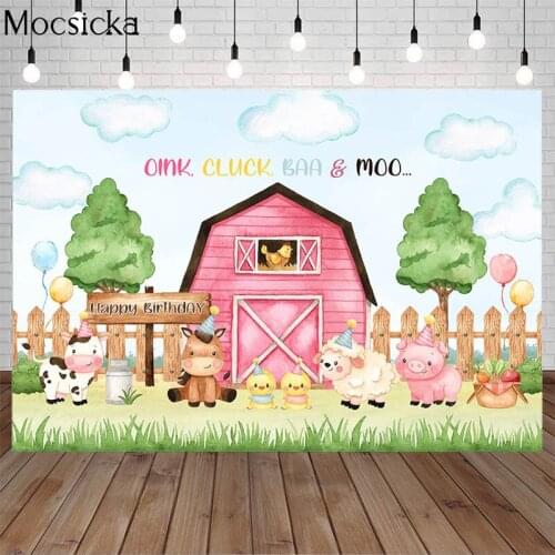 Mocsicka Cartoon Farm Animals Backdrop Child Baby Red Barn Farm Photography Background Birthday Party Decor Props Photo Studio