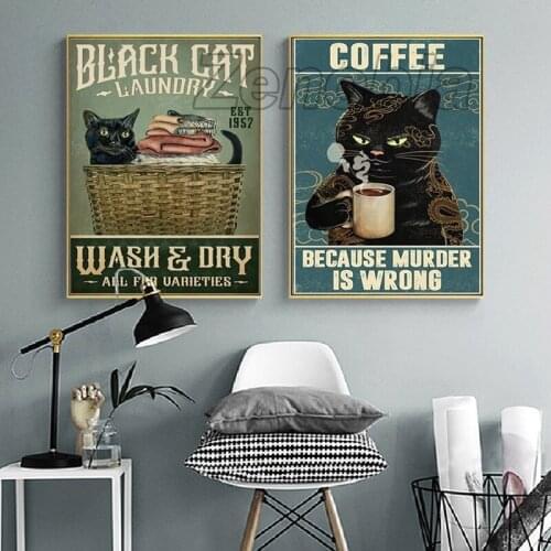 Cartoon Animal Canvas Painting Black Cat Home Decor Poster Hd Printable Pictures for Bedroom and Living Room Frameless Style