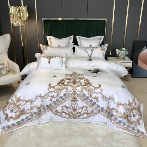 Golden Chic Embroidery White Duvet Cover Set 4pcs Washed Silk/Cotton Wedding Bedding Set Bed Sheet Pillowcases Queen King Size