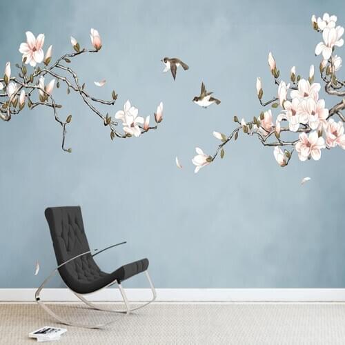 Custom Mural Wallpaper Chinese Style Hand-painted 3D Magnolia Flower And Bird Living Room TV Background Wall Decoration Painting