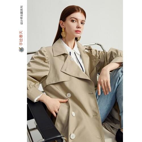 2021 Spring New Style Bubble Sleeve Windbreaker Womens Spring and Autumn Long British Style Small Temperament Coat