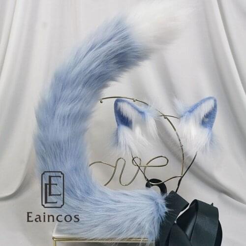 Ice Blue Black Cosplay Cats Ears Hair Hoop Hairbands Halloween Headwear Tail Hand Made Work Costume Accessories Custom Made
