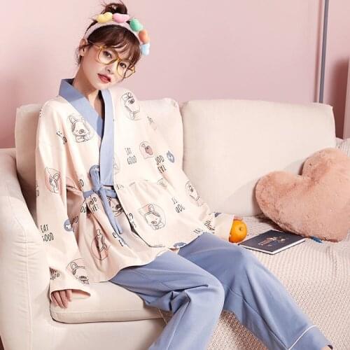 Pajamas Womens Spring Autumn Pure Cotton Long-sleeved Loose Suit Japanese Sweet and Cute Japanese Homewear Can Be Worn Outside