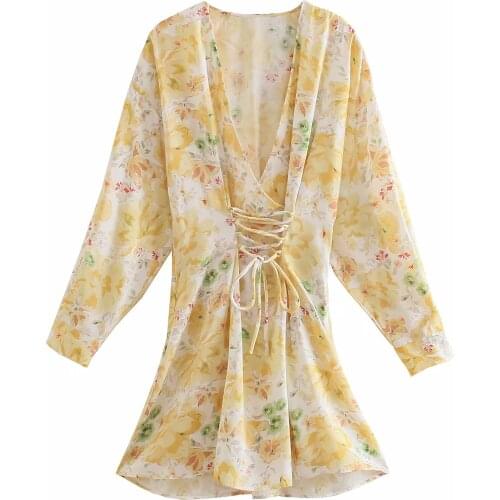 ZA New Women Dress Long Sleeve V Neck Tightness High Waist Waist DrawstringSkirt Female Holiday Swing A Line Mini Dress XITIMEAO