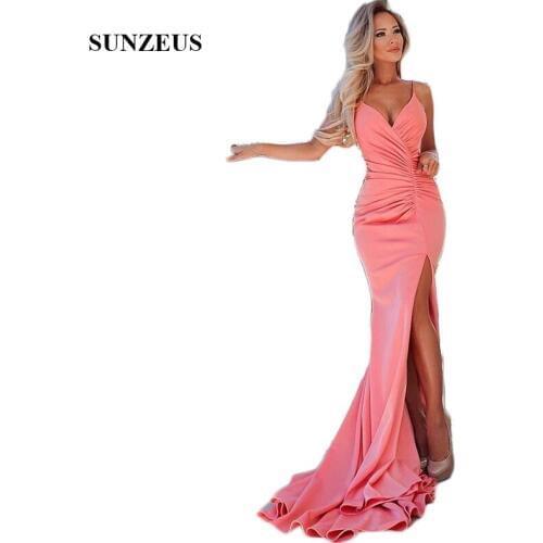 Pink Satin Mermaid Formal Evening Dresses Sweetheart Spaghetti Straps Pleats High Leg Slit Evening Party Gowns abendkleider SE24