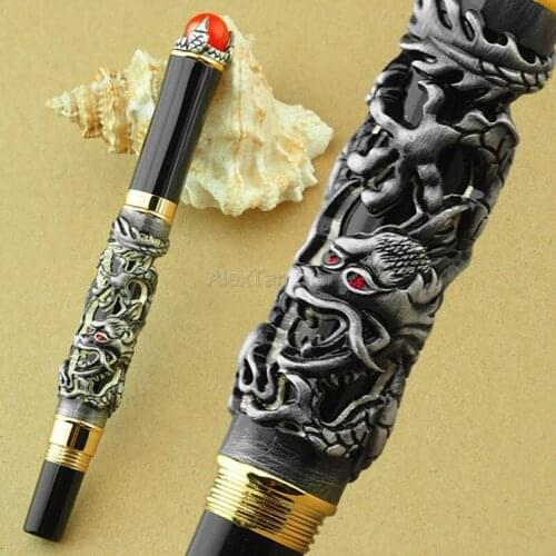 Jinhao Elegant Dragon King Rollerball Pen , Metal Embossing Red Jewelry on Top, Grey Drawing For Writing Accessories