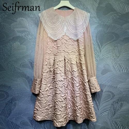 Seifrmann New 2021 Summer Women Fashion Designer Party Midi Dress Hollow Out Lantern Sleeve Beading Print Ladies A-Line Dresses