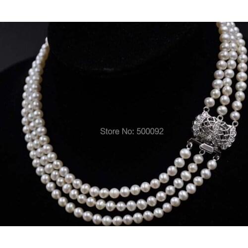 Fine Choker 15"-17" 3strands 5-6mm white freshwater pearl necklace