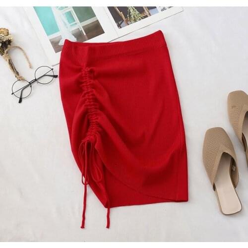 Knitted Mini Skirt Sexy Fashion Street Irregular High Waist Elastic Short Skirt Tight Package Hip Side Drawcord