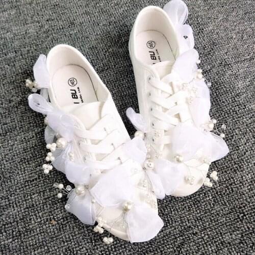Womens Shoes New Summer Trend Flat Bottom Hand-Sewn Pearl Flowers Single Shoes Canvas Shoes Large Size 35-40 Wedding Shoes