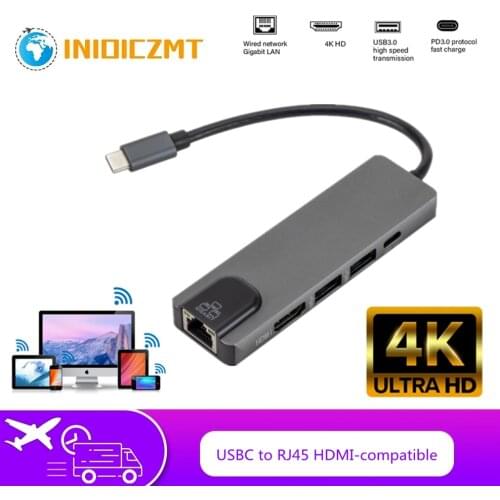 INIOICZMT 4K USB C Hub to Gigabit Ethernet Rj45 Lan 5in 1 USB Type C Hub Adapter for Macbook Pro Air Thunderbolt 3 USB-C Charger